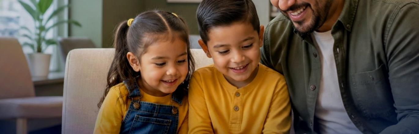 Find a Cool Center Flyer - Photo of a Family at a Library Reading a Book Together